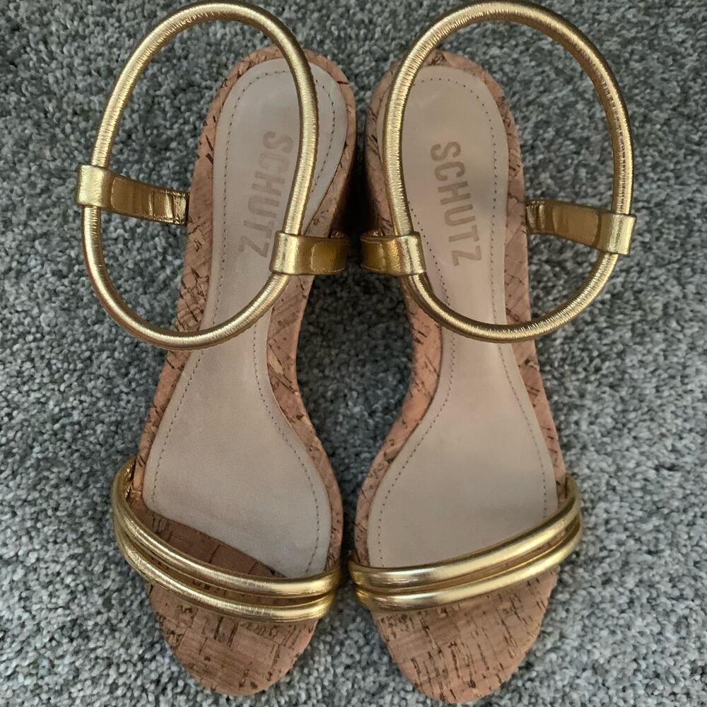 Schutz Gimenez Evereve Leather Sandals w/ Cork Heel - Size 5 - EUC - Picture 7 of 16